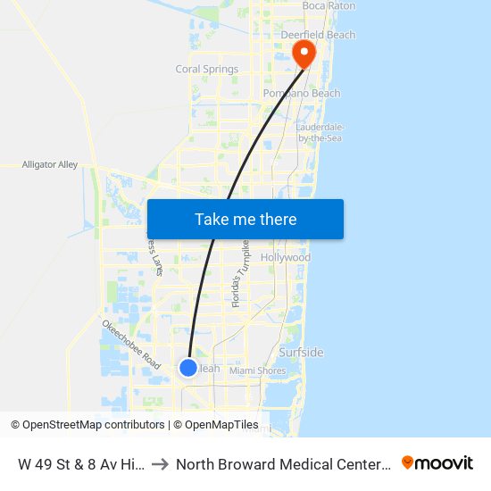 W 49 St & 8 Av Hialeah to North Broward Medical Center Heliport map