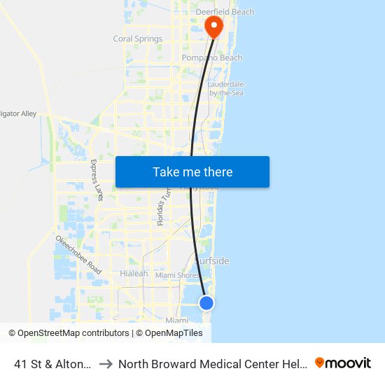 41 St & Alton Rd to North Broward Medical Center Heliport map