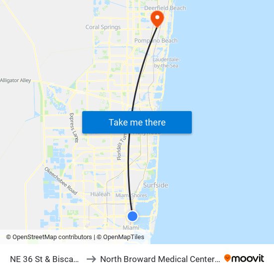 NE 36 St & Biscayne Bd to North Broward Medical Center Heliport map
