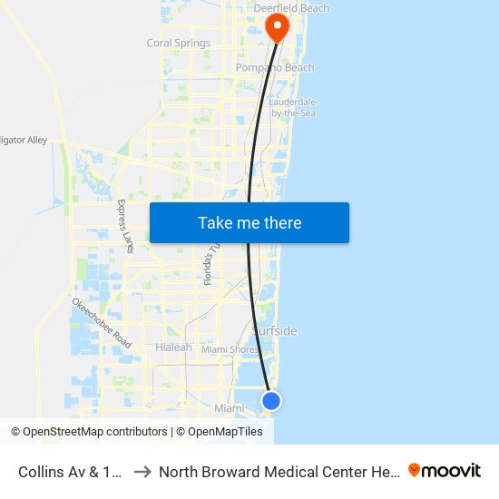 Collins Av & 17 St to North Broward Medical Center Heliport map