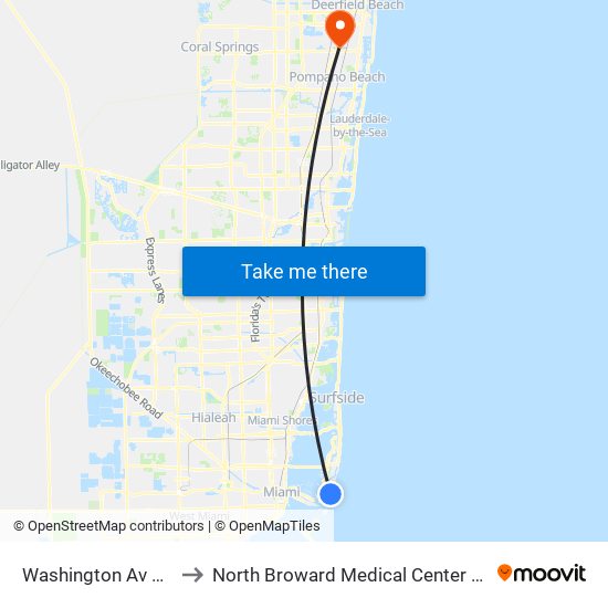 Washington Av & 9 St to North Broward Medical Center Heliport map