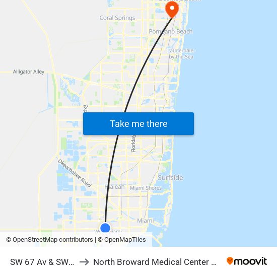 SW 67 Av & SW 8 St to North Broward Medical Center Heliport map