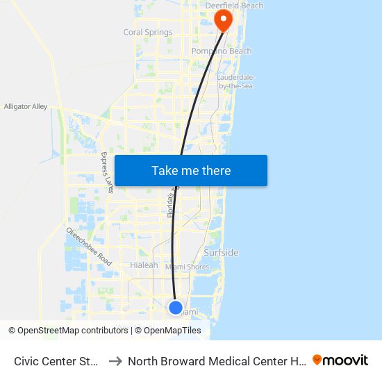 Civic Center Station to North Broward Medical Center Heliport map
