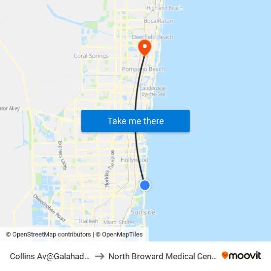 Collins Av@Galahad-Dade Bd to North Broward Medical Center Heliport map