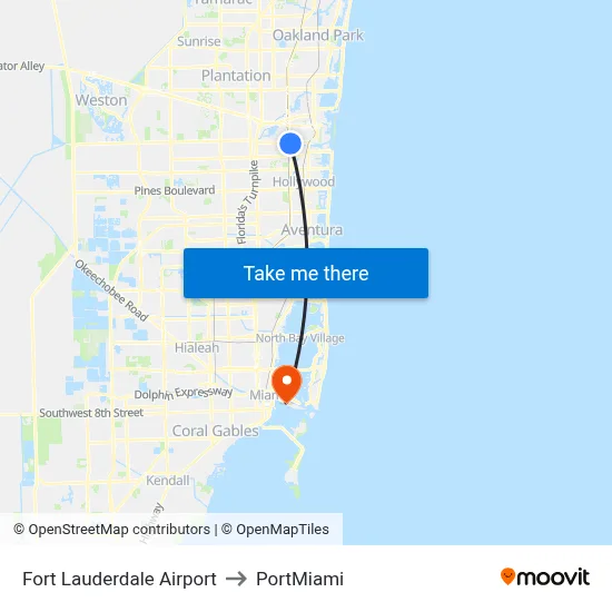 Fort Lauderdale Airport to PortMiami map