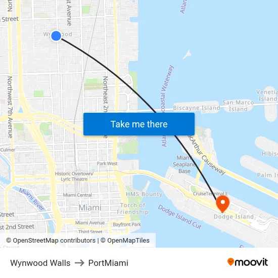 Wynwood Walls to PortMiami map