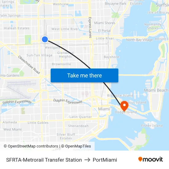 SFRTA-Metrorail Transfer Station to PortMiami map