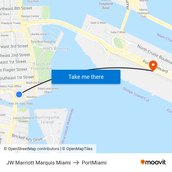 JW Marriott Marquis Miami to PortMiami map