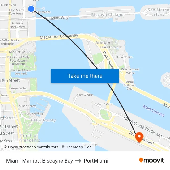 Miami Marriott Biscayne Bay to PortMiami map