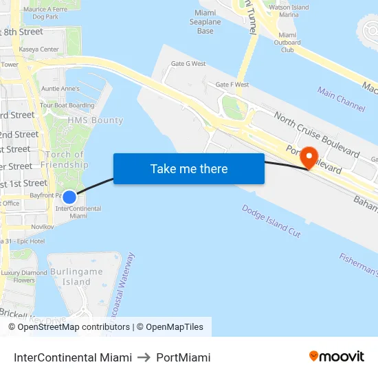 InterContinental Miami to PortMiami map