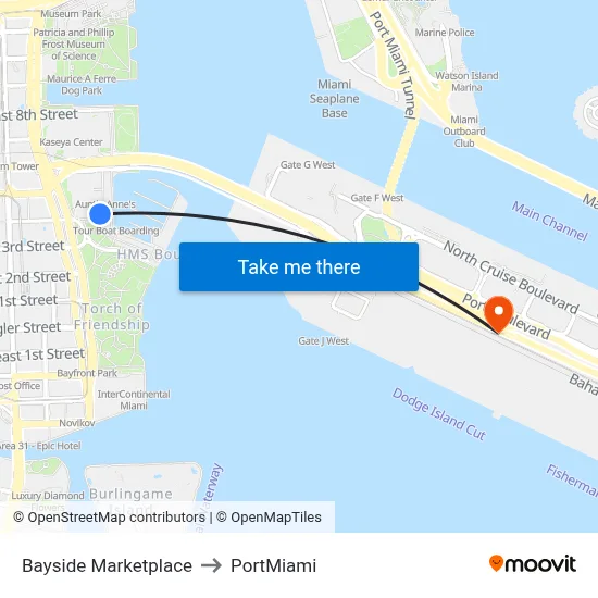 Bayside Marketplace to PortMiami map