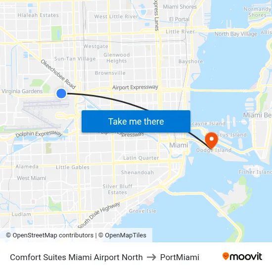 Comfort Suites Miami Airport North to PortMiami map