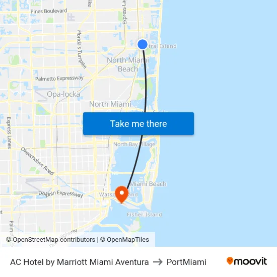 AC Hotel by Marriott Miami Aventura to PortMiami map