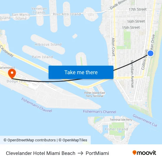 Clevelander Hotel Miami Beach to PortMiami map