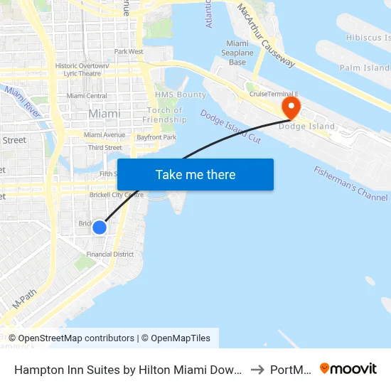 Hampton Inn Suites by Hilton Miami Downtown Brickell to PortMiami map