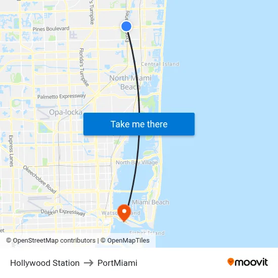 Hollywood Station to PortMiami map