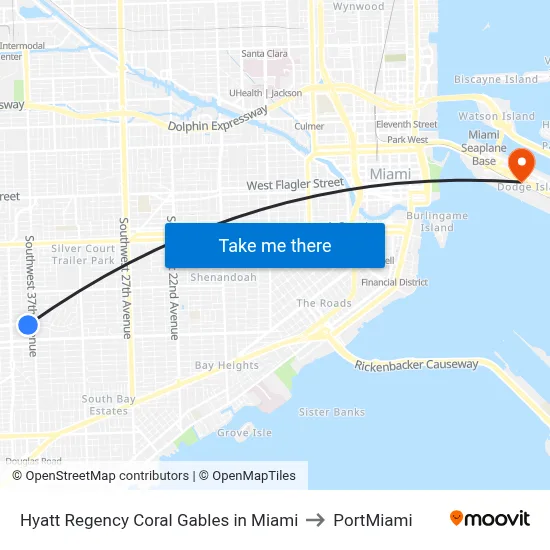 Hyatt Regency Coral Gables in Miami to PortMiami map