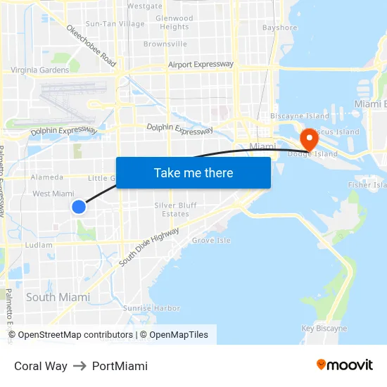 Coral Way to PortMiami map