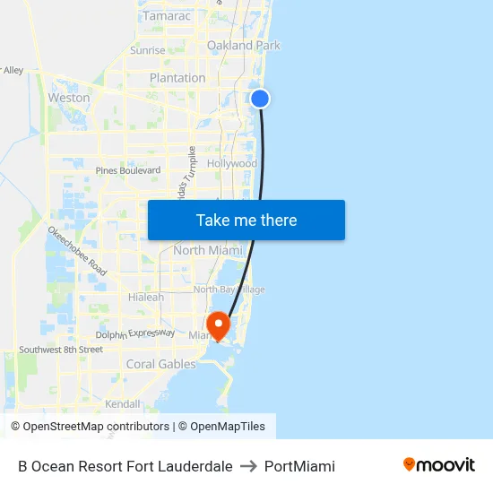 B Ocean Resort Fort Lauderdale to PortMiami map