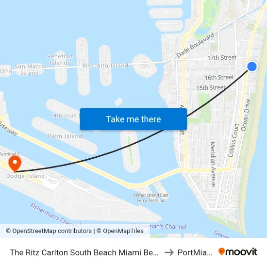 The Ritz Carlton South Beach Miami Beach to PortMiami map