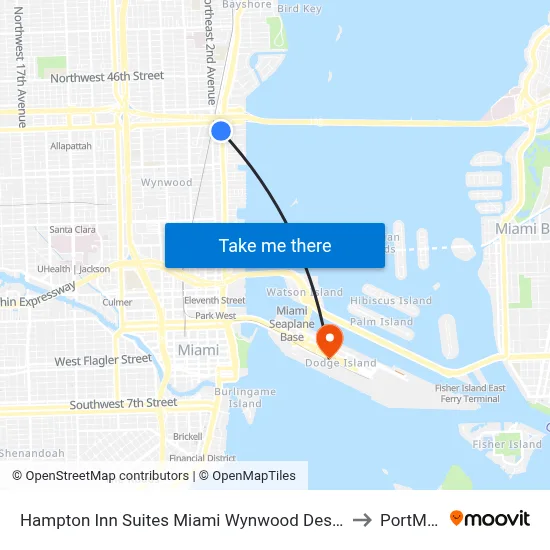Hampton Inn Suites Miami Wynwood Design District FL to PortMiami map