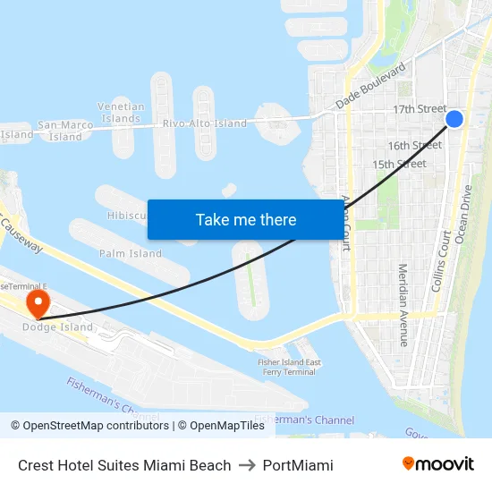 Crest Hotel Suites Miami Beach to PortMiami map