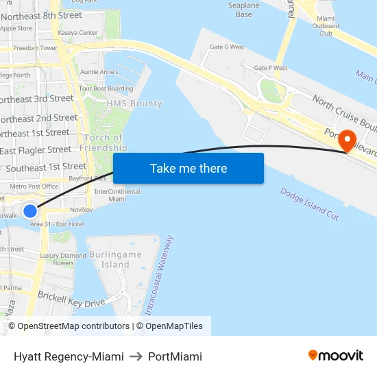Hyatt Regency-Miami to PortMiami map