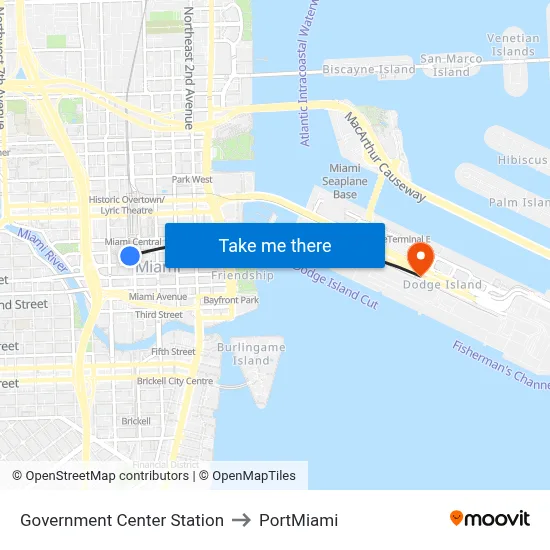 Government Center Station to PortMiami map