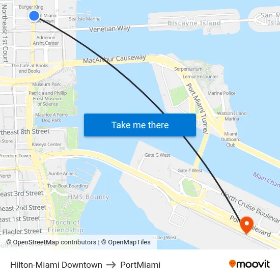 Hilton-Miami Downtown to PortMiami map