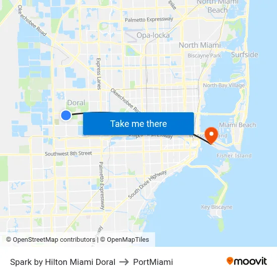 Spark by Hilton Miami Doral to PortMiami map