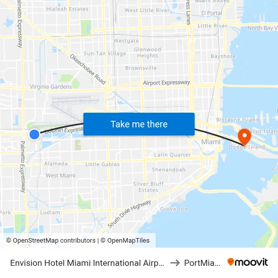 Envision Hotel Miami International Airport to PortMiami map