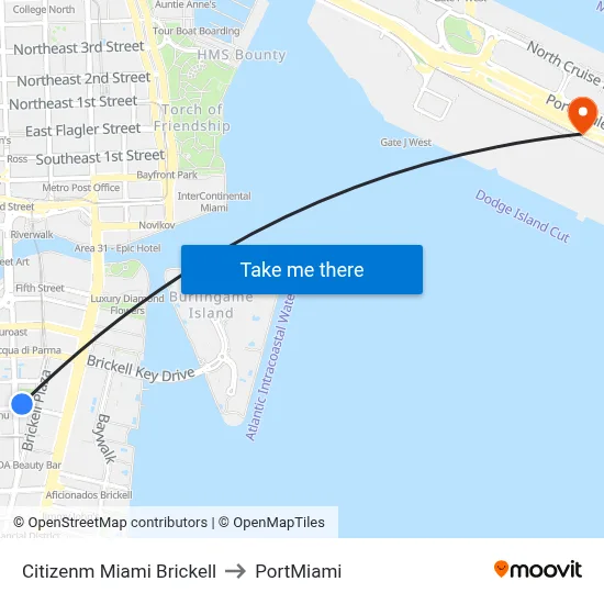 Citizenm Miami Brickell to PortMiami map