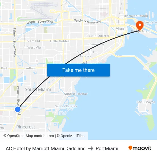 AC Hotel by Marriott Miami Dadeland to PortMiami map
