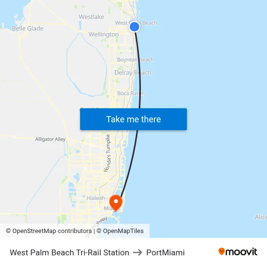 West Palm Beach Tri-Rail Station to PortMiami map