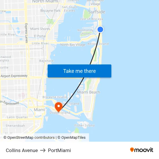Collins Avenue to PortMiami map