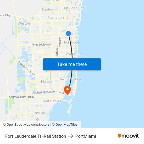 Fort Lauderdale Tri-Rail Station to PortMiami map
