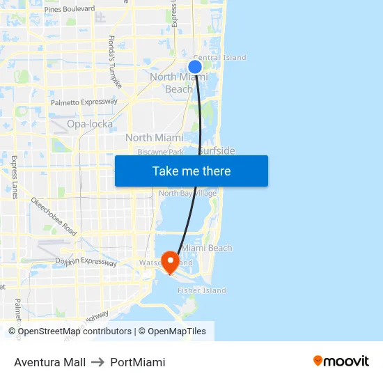 Aventura Mall to PortMiami map