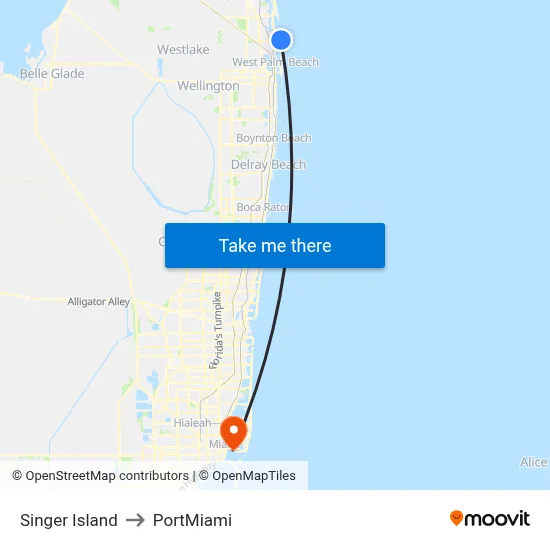 Singer Island to PortMiami map