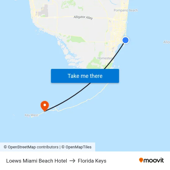 Loews Miami Beach Hotel to Florida Keys map