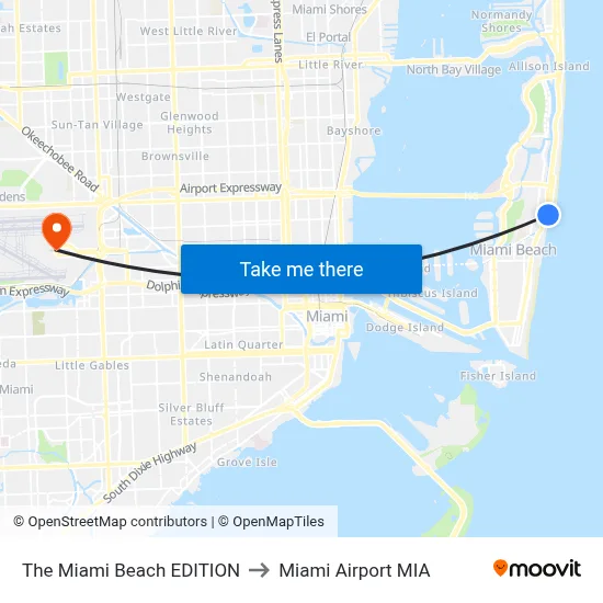 The Miami Beach EDITION to Miami Airport MIA map