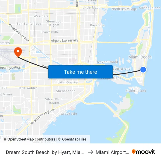 Dream South Beach, by Hyatt, Miami Beach to Miami Airport MIA map