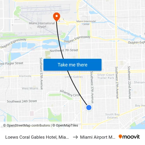 Loews Coral Gables Hotel, Miami to Miami Airport MIA map