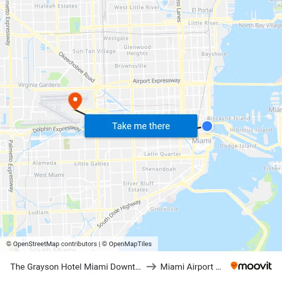 The Grayson Hotel Miami Downtown to Miami Airport MIA map