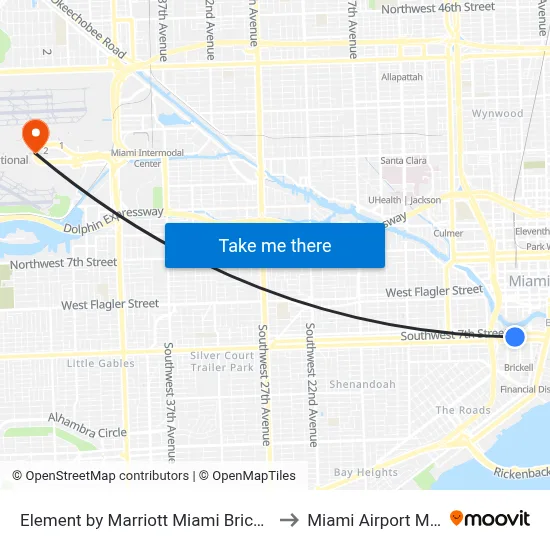 Element by Marriott Miami Brickell to Miami Airport MIA map