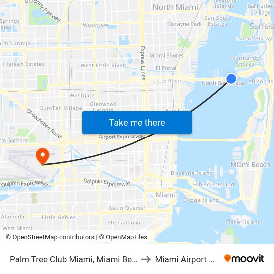 Palm Tree Club Miami, Miami Beach to Miami Airport MIA map