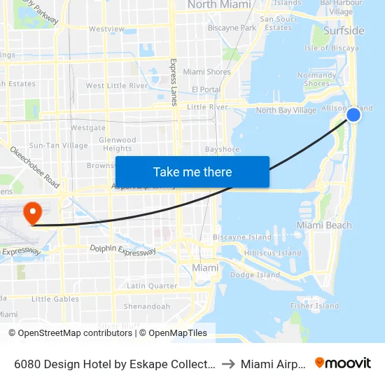 6080 Design Hotel by Eskape Collection, Miami Beach to Miami Airport MIA map