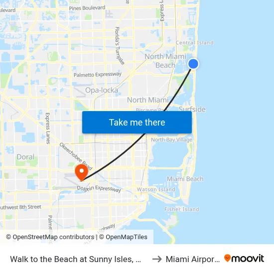 Walk to the Beach at Sunny Isles, Miami Beach to Miami Airport MIA map