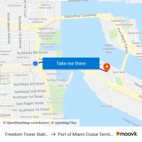 Freedom Tower Station to Port of Miami Cruise Terminal map