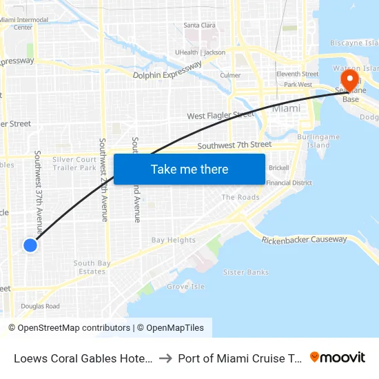 Loews Coral Gables Hotel, Miami to Port of Miami Cruise Terminal map