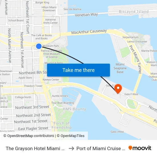 The Grayson Hotel Miami Downtown to Port of Miami Cruise Terminal map
